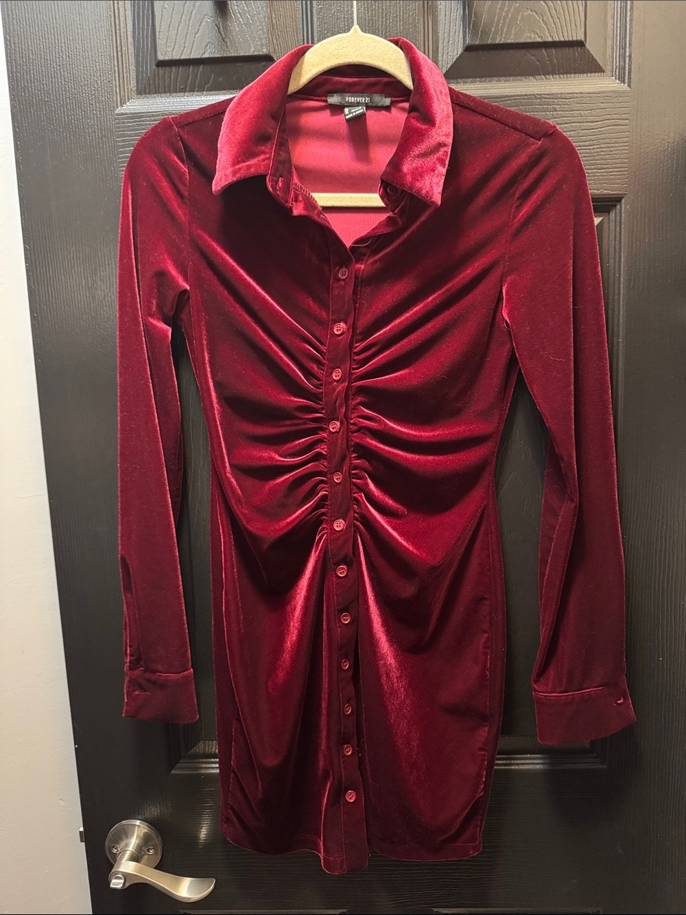 Forever 21 Burgundy Velvet Ruched Button-Front Long Sleeve Dress